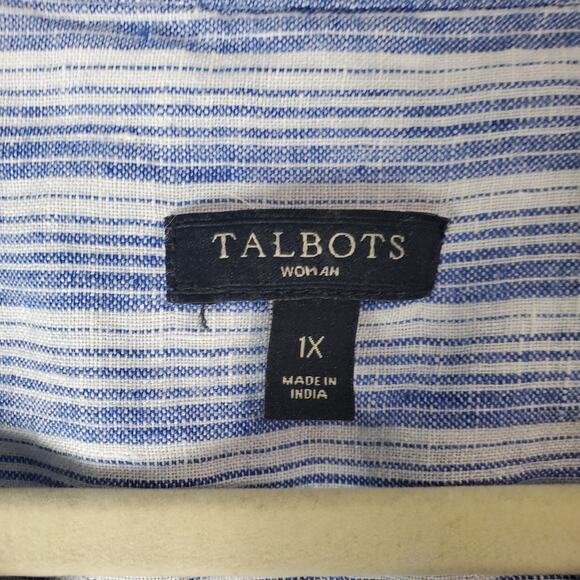 Talbots Womens Blue V-Neck Linen Striped Button Down Roll Tab Blouse Size 1X - Picture 3 of 6